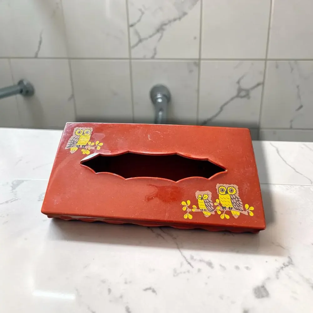 Vintage 1970s Wolff Products Owl Tissue Box Cover Burnt Orange Plastic Hinged